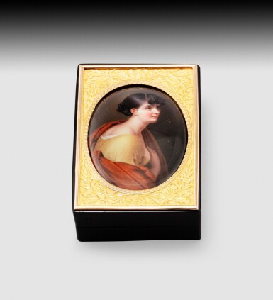 View full screen - View 1 of Lot 210. A rectangular tortoise-shell box with gold mounts, enamelled miniature, Jean-Louis Leferre, Paris, 1819-1822 | Tabatière rectangulaire en écaille montée en or, la miniature sur émail, par Jean-Louis Leferre, Paris, 1819-1822.
