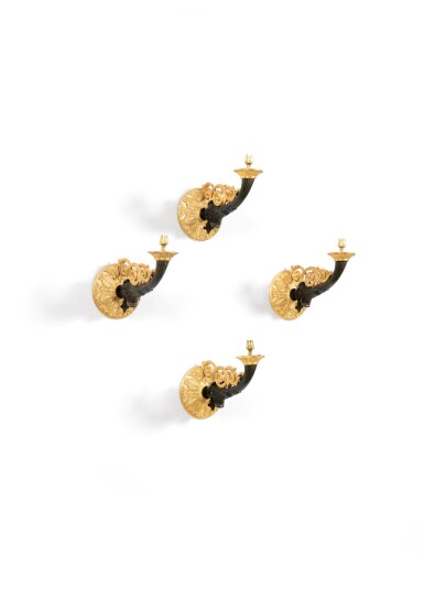 View full screen - View 1 of Lot 97. A set of four patinated and gilt-bronze wall lights, second half 19th century.