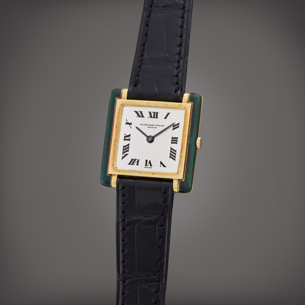 View full screen - View 1 of Lot 87. Reference 5256BA | A yellow gold and enamel square shaped wristwatch, Circa 1966.