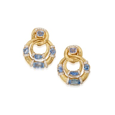 View full screen - View 1 of Lot 79. Pair of Gold, Sapphire and Diamond Earclips.