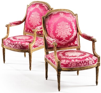View full screen - View 1 of Lot 78. A PAIR OF GILT-WOOD ARMCHAIRS, THE FIRST OF LOUIS XVI PERIOD STAMPED I B LELARGE, THE SECOND OF LOUIS XVI STYLE | PAIRE DE FAUTEUILS EN BOIS DORÉ, LE PREMIER D'ÉPOQUE LOUIS XVI ESTAMPILLÉ I B LELARGE, LE SECOND DE STYLE LOUIS XVI.