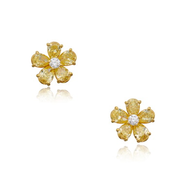 View full screen - View 1 of Lot 445. Pair of Fancy Intense Yellow Diamond and Diamond Earrings.