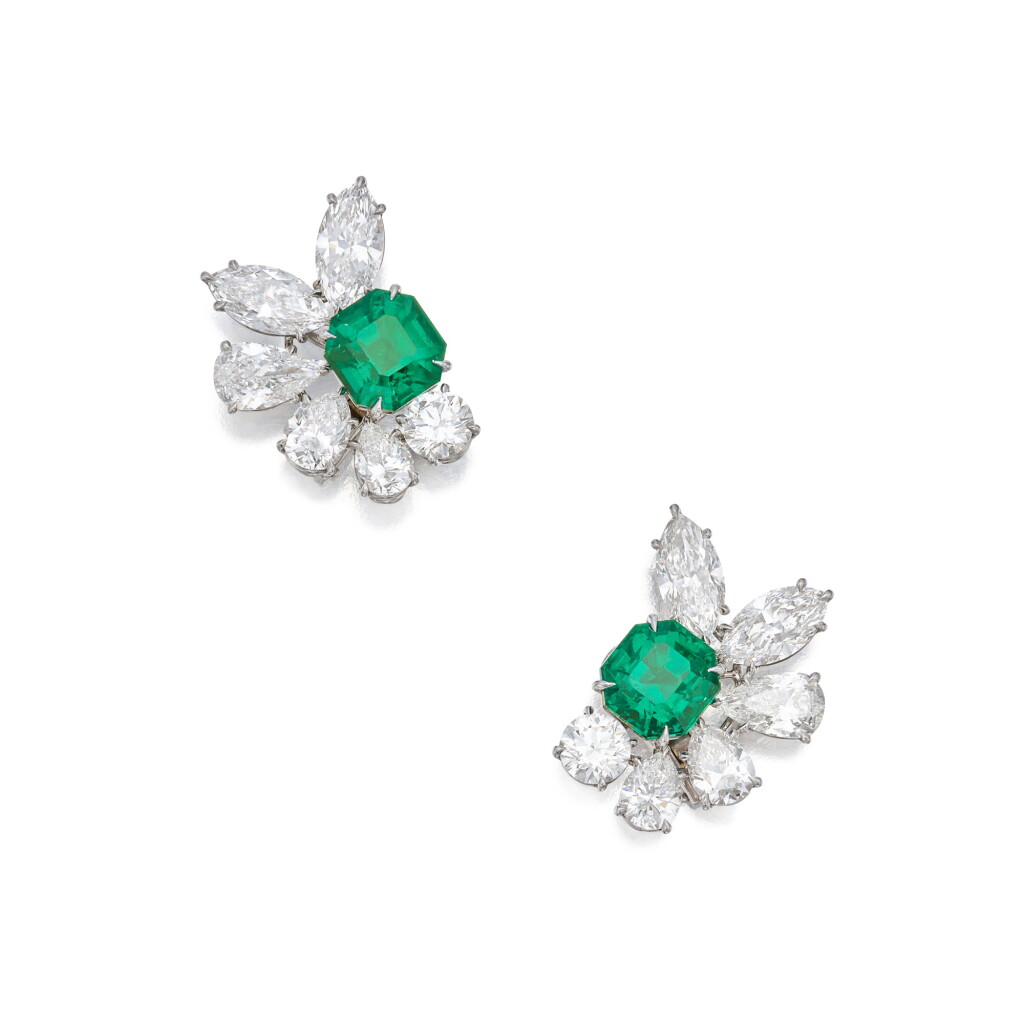 View full screen - View 1 of Lot 48. Pair of Emerald and Diamond Earclips | 海瑞溫斯頓 | 一對祖母綠及鑽石耳夾.