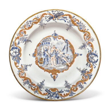 View full screen - View 1 of Lot 458. A Chinese Export Blue-enamel, Gilt and Grisaille-decorated 'European Subject' Plate, Qing Dynasty, Qianlong Period, circa 1745 | 清乾隆 約1745年 藍彩描金西洋人物故事圖盤.