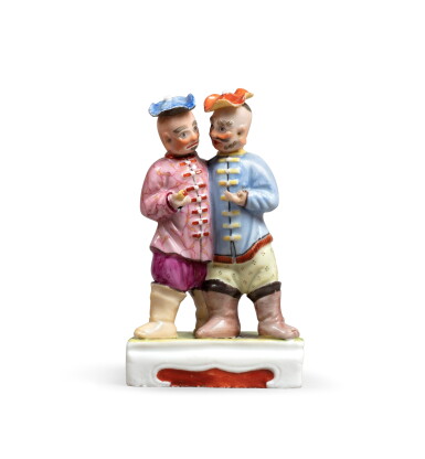 View full screen - View 1 of Lot 86. A polychrome-glazed figural group China, Qing dynasty, early 18th century | Groupe en porcelaine à glaçure polychrome Chine, dynastie Qing, début du XVIIIe siècle.