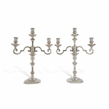View full screen - View 1 of Lot 546. Royal: A Pair of English Silver Three-Light Candelabra, Goldsmiths & Silversmiths Co. Ltd., London, 1938.