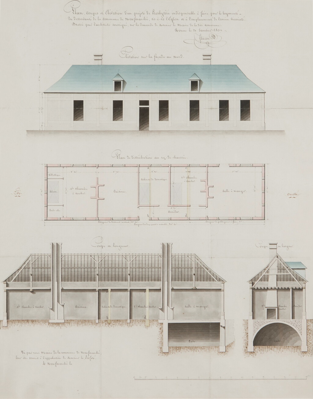 View full screen - View 1 of Lot 390. Plan, coupes et élévation d’un projet de presbytére indispensable á faire pour le logement du desservant de la commune de Neuf Marche.