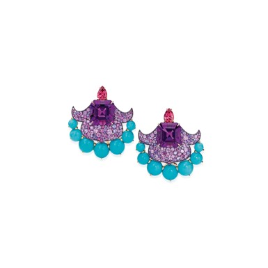 View full screen - View 1 of Lot 420. PAIR OF AMETHYST, TURQUOISE, SPINEL AND MULTI-COLORED SAPPHIRE EARCLIPS, DAVID MICHAEL | 紫水晶配綠松石、尖晶石及彩色剛玉耳環一對,David Michael.