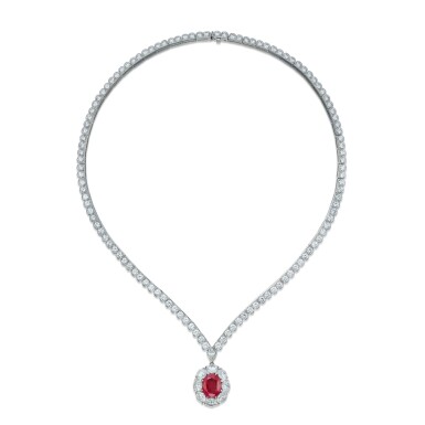View full screen - View 1 of Lot 193. Diamond Necklace, Van Cleef & Arpels, and Ruby and Diamond Pendant.