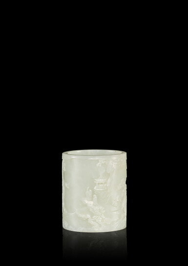 View full screen - View 1 of Lot 3672. An exceptional and finely carved white jade brushpot, Qing dynasty, Qianlong period | 清乾隆 白玉雕高士仙山圖筆筒.