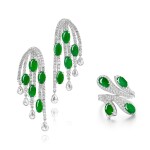 Jadeite and Diamond Ring and Pair of Pendent Earrings | 天然翡翠 配 鑽石 戒指; 及 耳墜一對