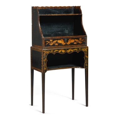 View full screen - View 1 of Lot 130. A REGENCY BLACK AND GOLD JAPANNED SMALL ETAGERE, FIRST HALF 19TH CENTURY.