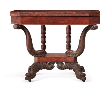 View full screen - View 1 of Lot 122. Very Fine Classical Carved and Figured Mahogany Games Table, attributed to Barzilla Deming and Erastus Bulkley, New York, circa 1825.