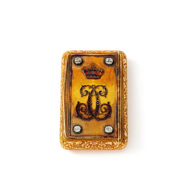 View full screen - View 1 of Lot 135. A jewelled gold and enamel presentation snuff box, Charles Petschler, Paris, circa 1827, retailed by Charles Ouizille and Petit Jean.
