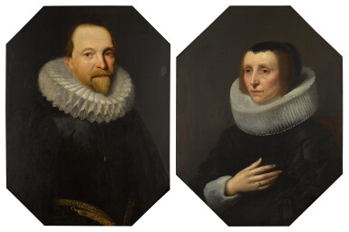 View full screen - View 1 of Lot 56. Portrait of a bearded gentleman, half-length, wearing a black coat, a white ruff and gold belt.