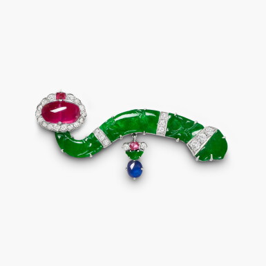 View full screen - View 1 of Lot 1531. Jadeite, Coloured Stone and Diamond Brooch | 天然翡翠 配 寶石 及 鑽石 胸針.