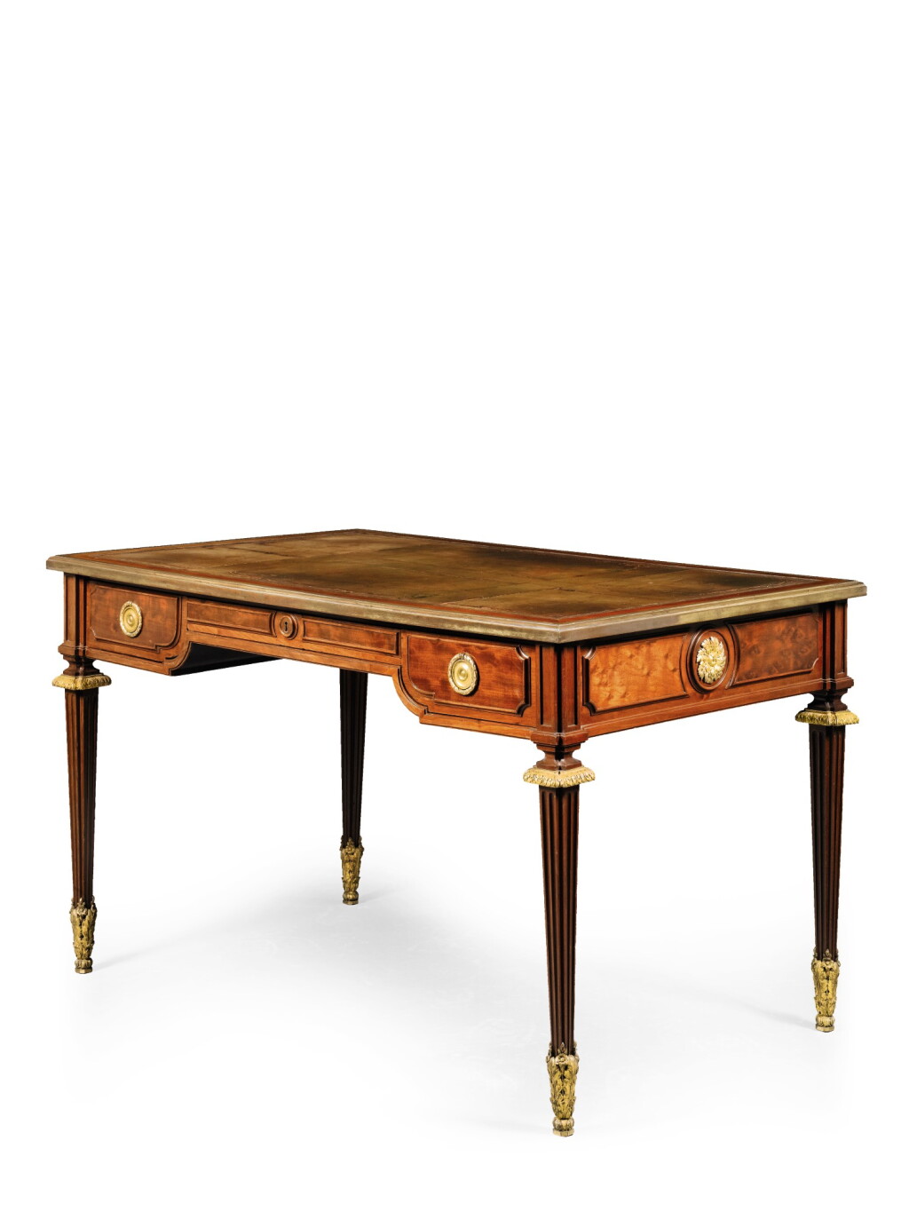 View full screen - View 1 of Lot 49. A LOUIS XVI GILT-BRONZE MOUNTED MAHOGANY AND ACAJOU MOUCHETÉ BUREAU PLAT, LATE 18TH CENTURY AND LATER.