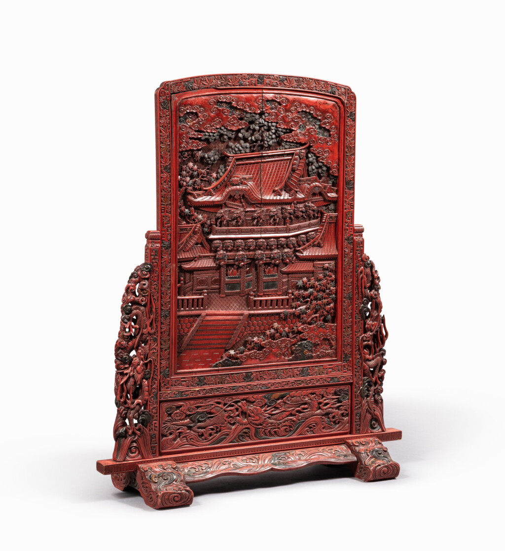 View full screen - View 1 of Lot 216. A large carved polychrome lacquer 'pavilion' screen Japan, Meiji period | 日本 明治時代 剔彩庭園樓閣插屏.