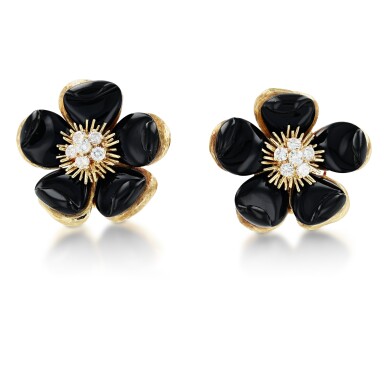 View full screen - View 1 of Lot 45. Pair of onyx and diamond ear clips, 'Clematis' | Paire de clips d'oreille onyx et diamants.