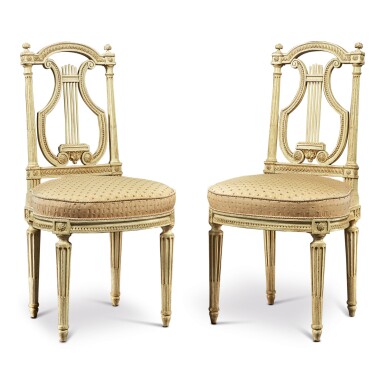 View full screen - View 1 of Lot 186. A PAIR OF LOUIS XVI CARVED AND GREY-PAINTED CHAISES LYRE, CIRCA 1785.