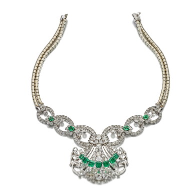View full screen - View 1 of Lot 1654. Emerald and Diamond Necklace / Brooch, Circa 1930 | Mauboussin | 祖母綠 配 鑽石 項鏈 / 胸針, 年份約1930.