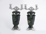 A Pair of French Art Deco Silver and Nephrite Two-Light Candelabra, Robert Linzeler for Cartier, Paris, Circa 1930–40