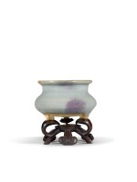 A small Jun purple-splashed tripod censer, Song/Yuan dynasty | 宋/元 鈞窰天藍釉紫斑三足爐