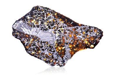 View full screen - View 1 of Lot 85. A Complete Slice of a Seymchan Meteorite — Extraterrestrial gemstones in a natural metallic matrix.