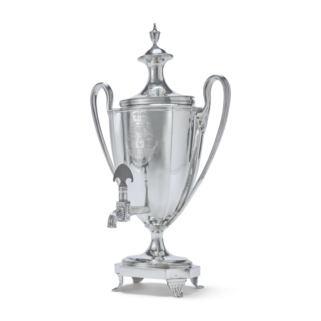 View full screen - View 1 of Lot 590. A GEORGE III SILVER TEA URN, HENRY CHAWNER, LONDON, 1791.