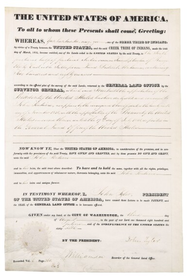 View full screen - View 1 of Lot 164. TYLER, JOHN | Document signed ("John Tyler), as 10th President, approving the sale of 281 acres of land in Alabama from Creek Indian "Yar-har-tus-tee-nug-gee" to John Fontaine, Washington, 3 August 1841.