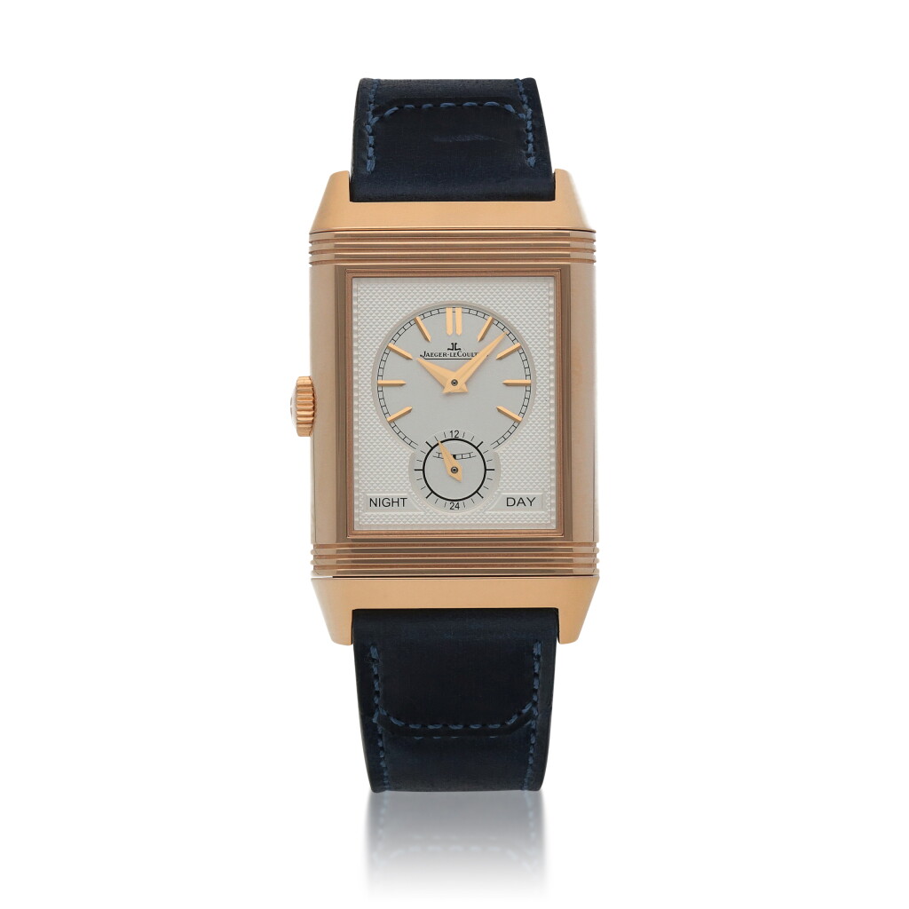View full screen - View 1 of Lot 599. Reverso Tribute Duoface Small Seconds, Ref. 398258J Limited edition pink gold reversible dual time zone wristwatch with 24-hour indication Circa 2018.