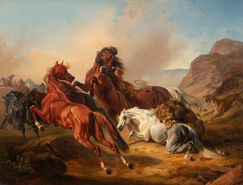 View full screen - View 1 of Lot 115. Horses attacked by lions | Lions attaquant des chevaux.