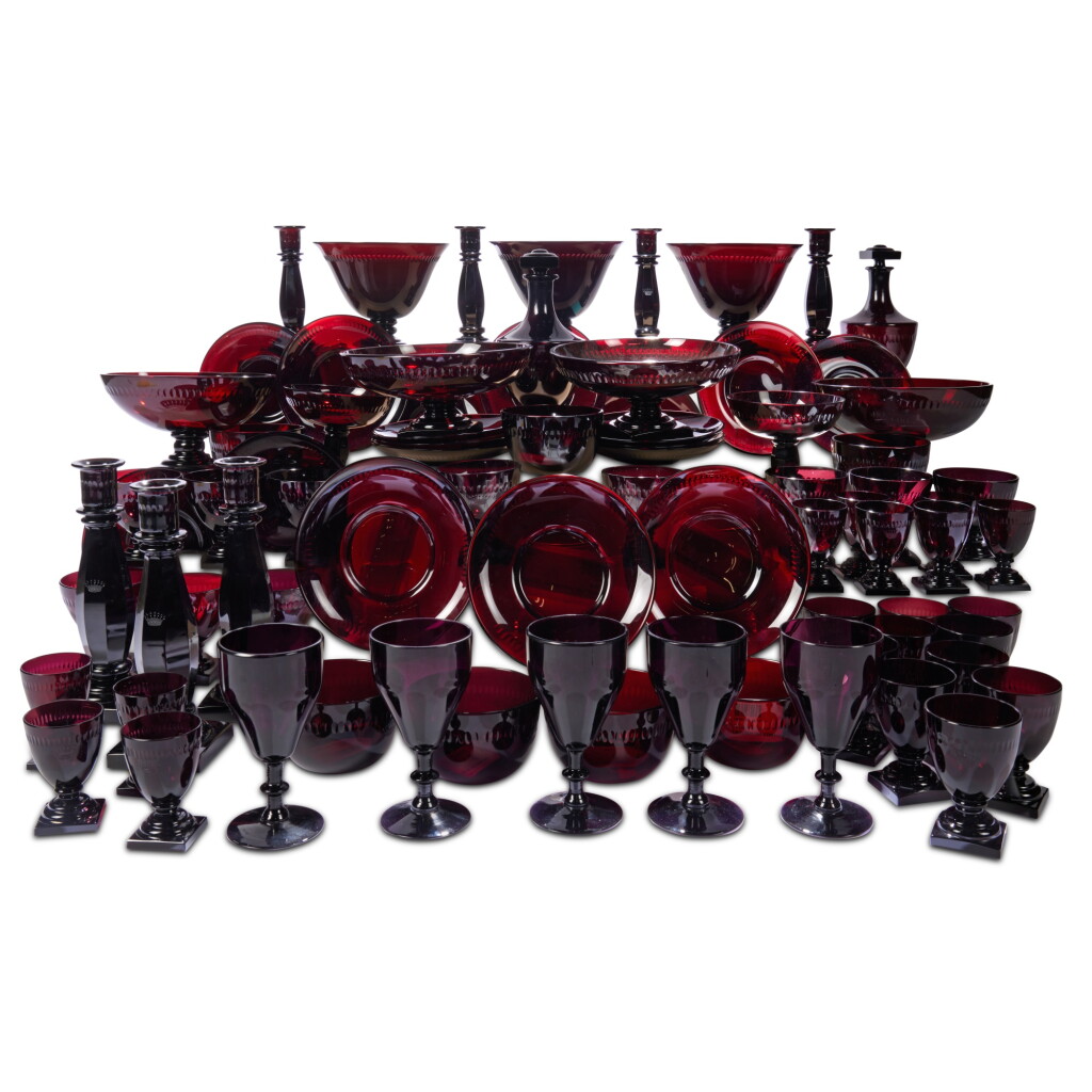 View full screen - View 1 of Lot 1224. A Continental Red-Amethyst Engraved Glass Table Service, 19th Century.