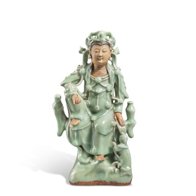 View full screen - View 1 of Lot 238. A 'Longquan' celadon-glazed and biscuit figure of a seated Guanyin, Yuan dynasty.