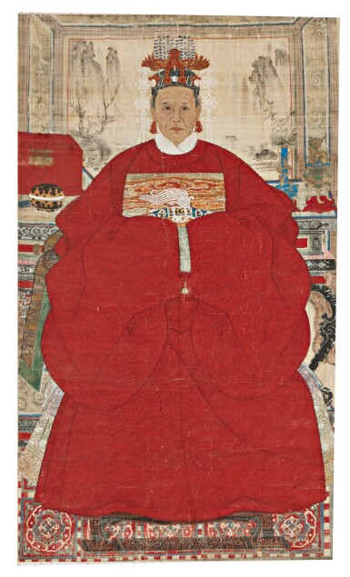 View full screen - View 1 of Lot 569. A large ancestor portrait of a fifth-rank official's wife, Ming dynasty.