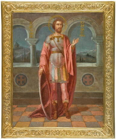 View full screen - View 1 of Lot 243. Saint John the Warrior in a silver-gilt frame, Pavel Ovchinnikov, Moscow, 1908-1917.
