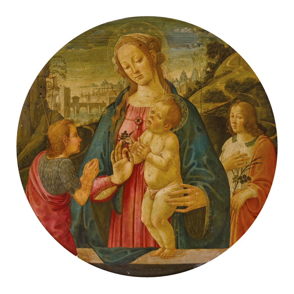全萤幕检视 - 查看43JACOPO DEL SELLAIO | MADONNA AND CHILD WITH AN ADORING ST. JOHN THE BAPTIST, ATTENDED BY A MALE SAINT, BEFORE A LANDSCAPE, A TONDO的1