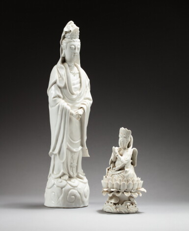 View full screen - View 1 of Lot 149. A blanc de Chine figure of Guanyin and a blanc de Chine figure of bodhisattva, 20th century | 二十世紀 德化窰觀音立像及菩蕯坐像一組兩尊.