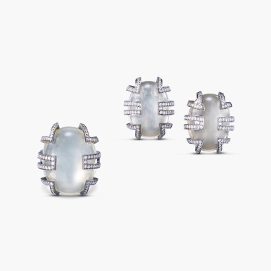 View full screen - View 1 of Lot 1383. Moonstone and Diamond Demi-Parure | 月光石 配 鑽石 戒指 及 耳環套裝.