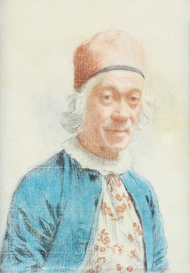 View full screen - View 1 of Lot 14. Self-Portrait ? with a red bonnet, a white shirt with flowers and a blue smock.