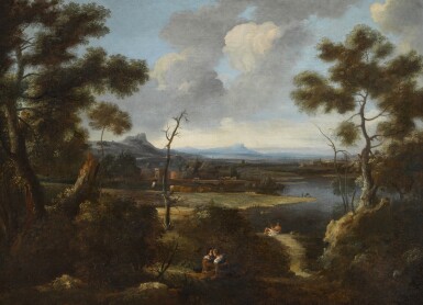 View full screen - View 1 of Lot 24. Two Lovers and a Fisherman in an Italianate Landscape.