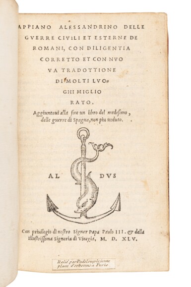 View full screen - View 1 of Lot 136. Appianus Alexandrinus, Delle guerre civili, Venice, Aldus, 1545, red morocco by Padeloup.