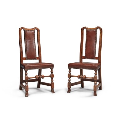 View full screen - View 1 of Lot 1006. Very Fine and Rare Pair of William and Mary Carved and Turned Maple 'Leather-Back' Side Chairs, Boston, Massachusetts, Circa 1730.