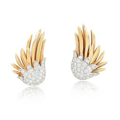 View full screen - View 1 of Lot 111. Pair of gold and diamond ear clips, "Flamme" | Paire de clips d'oreille or et diamants, 'Flame'.
