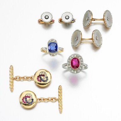 View full screen - View 1 of Lot 179. Two synthetic rings, a pair of gem set cufflinks and a pair of mother of pearl and diamond cufflinks, late 19th to early 20th century.