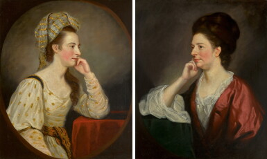 View full screen - View 1 of Lot 85. JOHN THOMAS SETON | Portrait of a lady, half-length, wearing a white and gold embroidered dress, with a turban; and Portrait of a lady, half-length, wearing a red silk dress.