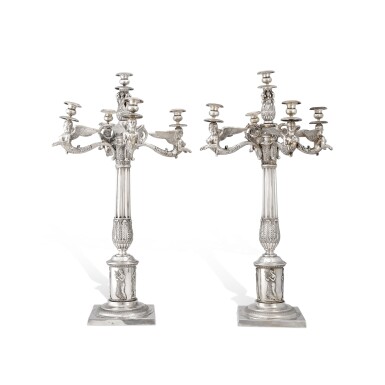 View full screen - View 1 of Lot 168. A pair of German silver five-light candelabra, maker's mark WH, Berlin, circa 1820.