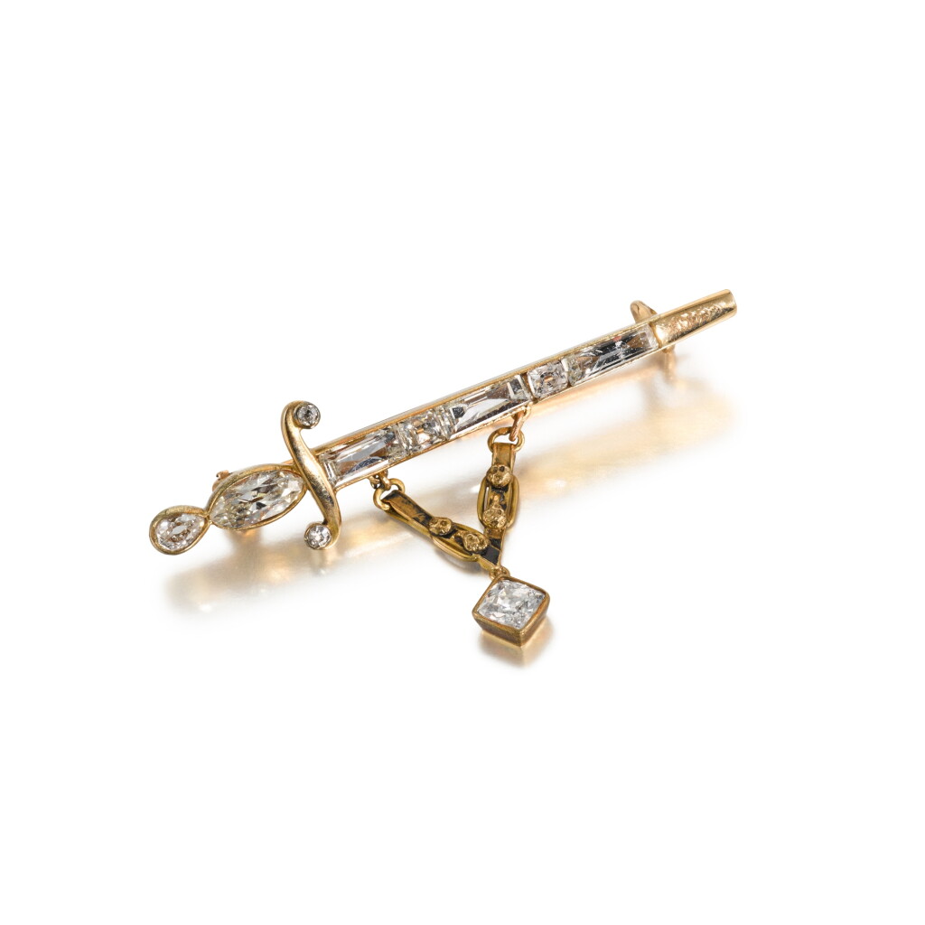 View full screen - View 1 of Lot 188. A jewelled gold brooch, maker's mark Cyrillic AL or DL, St Petersburg, 1908-1917.