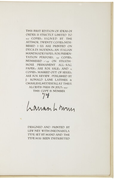 View full screen - View 1 of Lot 82. STEVENS, WALLACE | Ideas of Order. New York: Alcestis Press, 1935.