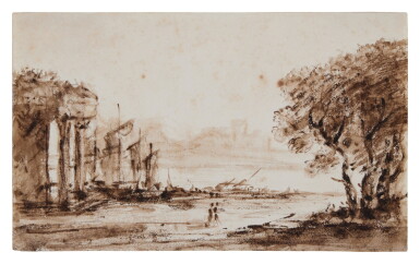 View full screen - View 1 of Lot 302. Landscape with a classical portico and ships in the distance, after Claude Lorrain.